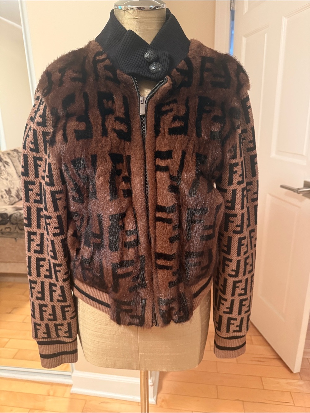 Fendi Brown & Black FF Pattern Bomber Jacket